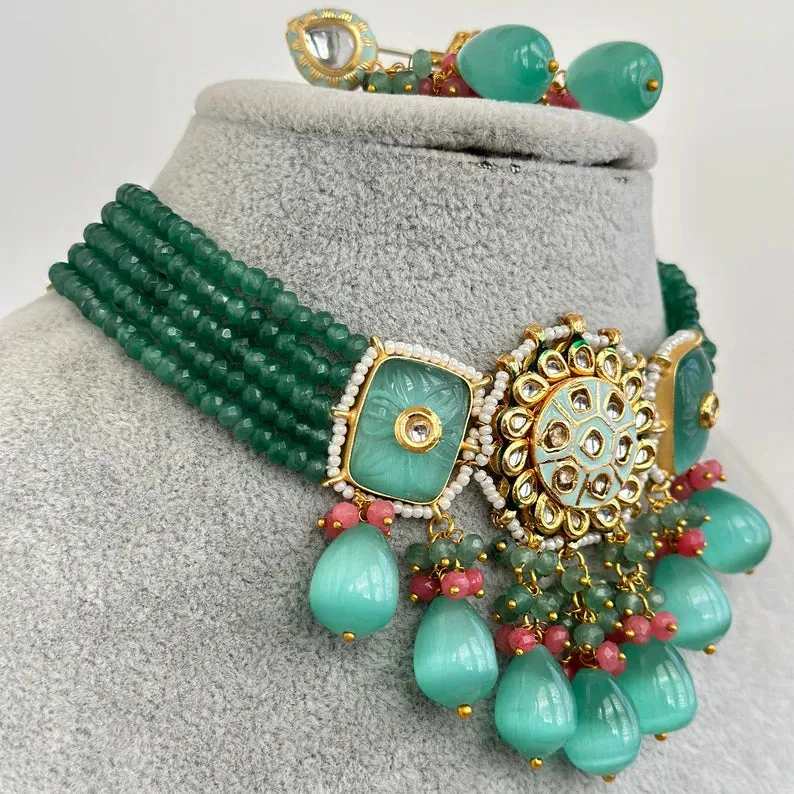 Mint Rajwadi Jaipuri Kundan Meenakari Necklace Set