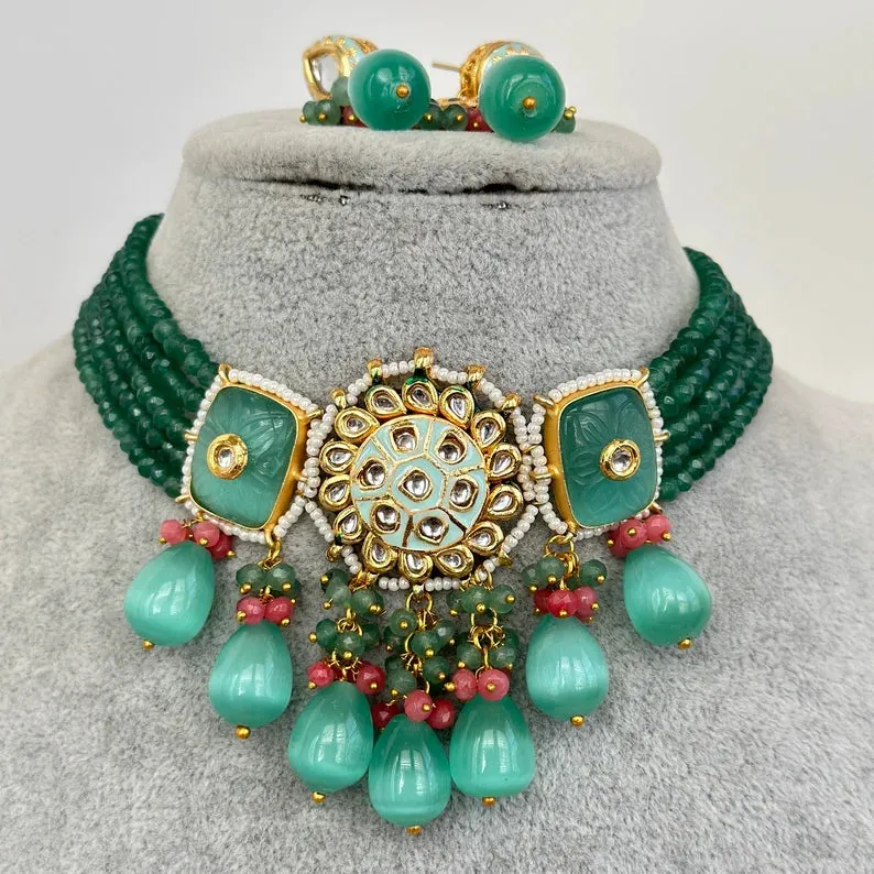 Mint Rajwadi Jaipuri Kundan Meenakari Necklace Set