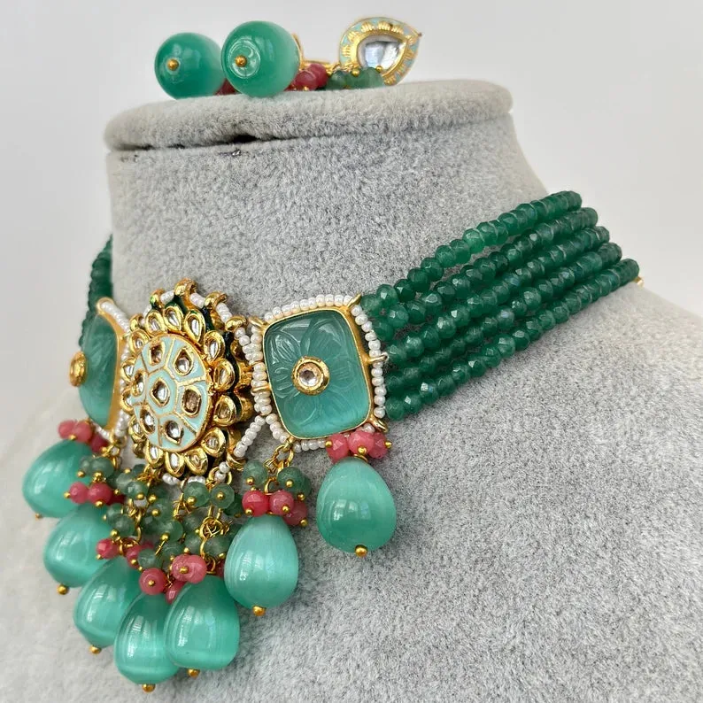 Mint Rajwadi Jaipuri Kundan Meenakari Necklace Set