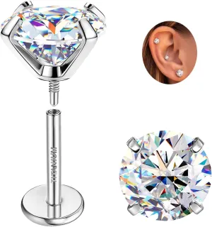 Moissanite Earrings G23 Titanium Extended Internal Thread Flat Back Earrings Hypoallergenic Tragus Cartilage Helix Conch Piercing Jewelry for Women Men 18G 6/8mm Post Gray/D Color VVS1 1-3CT