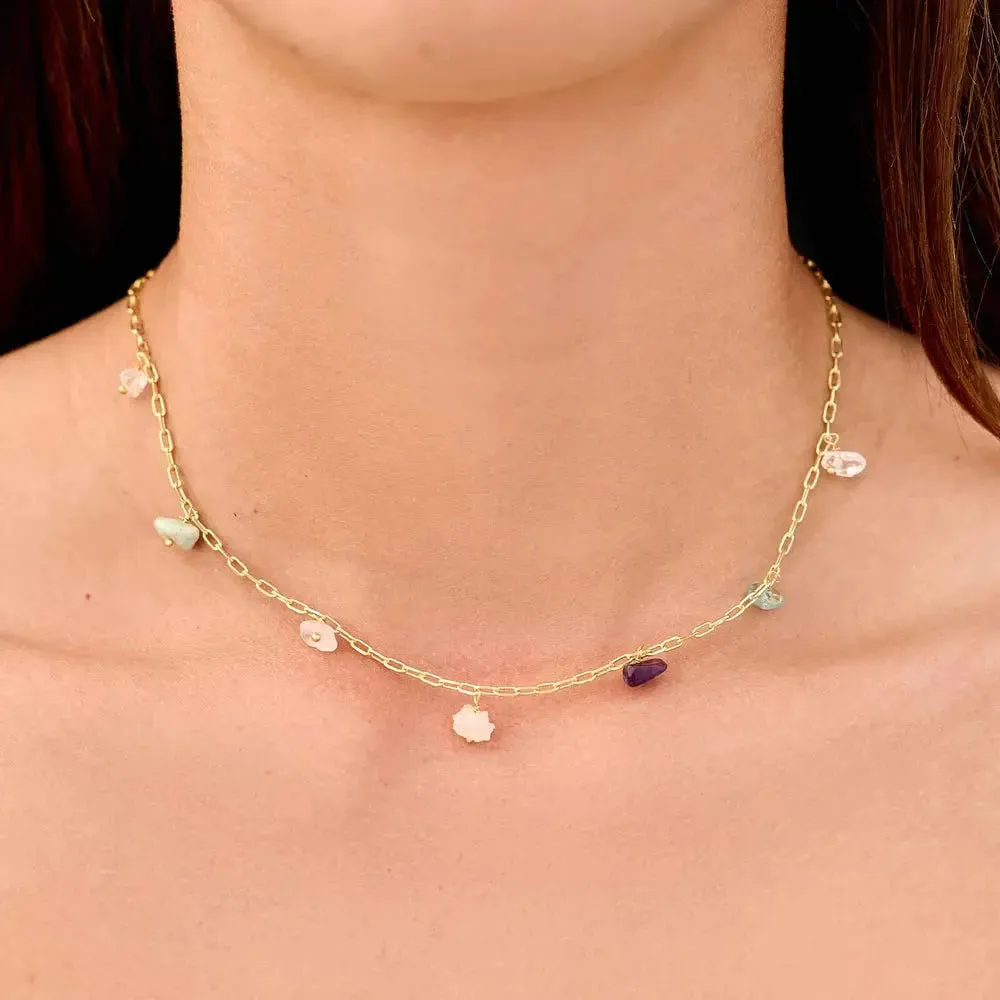 Pura Vida Gemstone Drop Chain Necklace  Handcrafted Coastal Crystals on a Gold-Plated Paperclip Chain