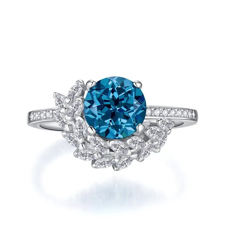 S925 Silver Blue Treasure 8mm Round Diamond Ring