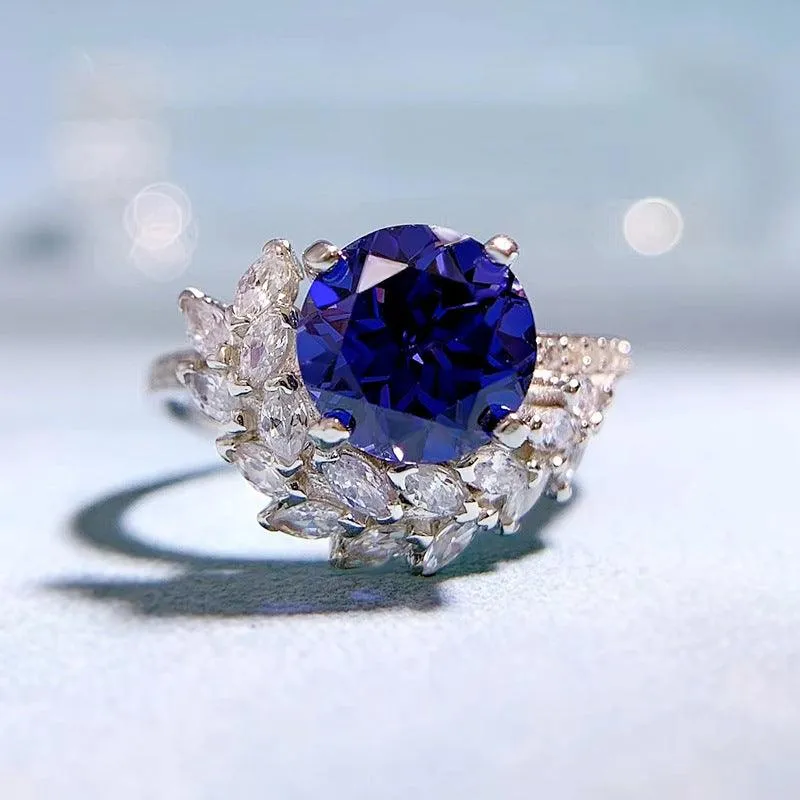 S925 Silver Blue Treasure 8mm Round Diamond Ring