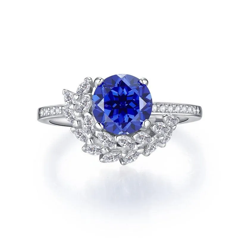 S925 Silver Blue Treasure 8mm Round Diamond Ring