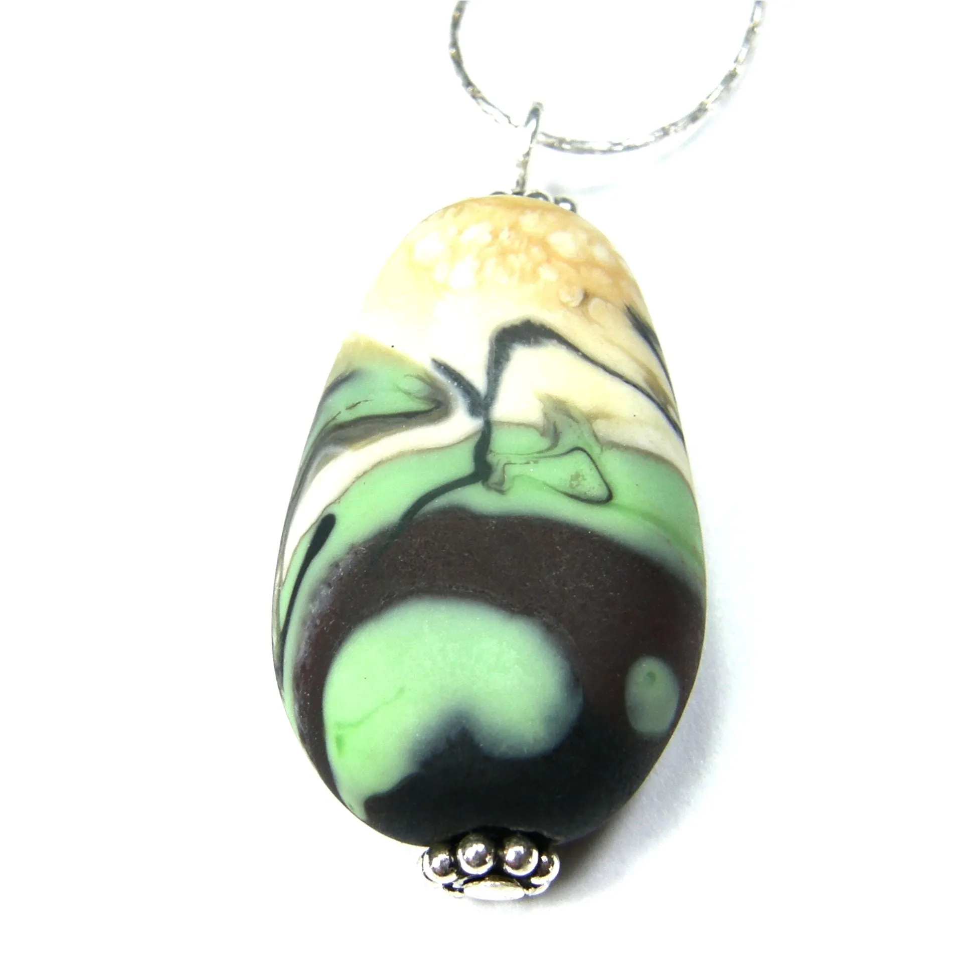Satin Black Ivory Green Lampwork Teardrop Pendant Necklace, Sterling Silver, Handmade Jewelry