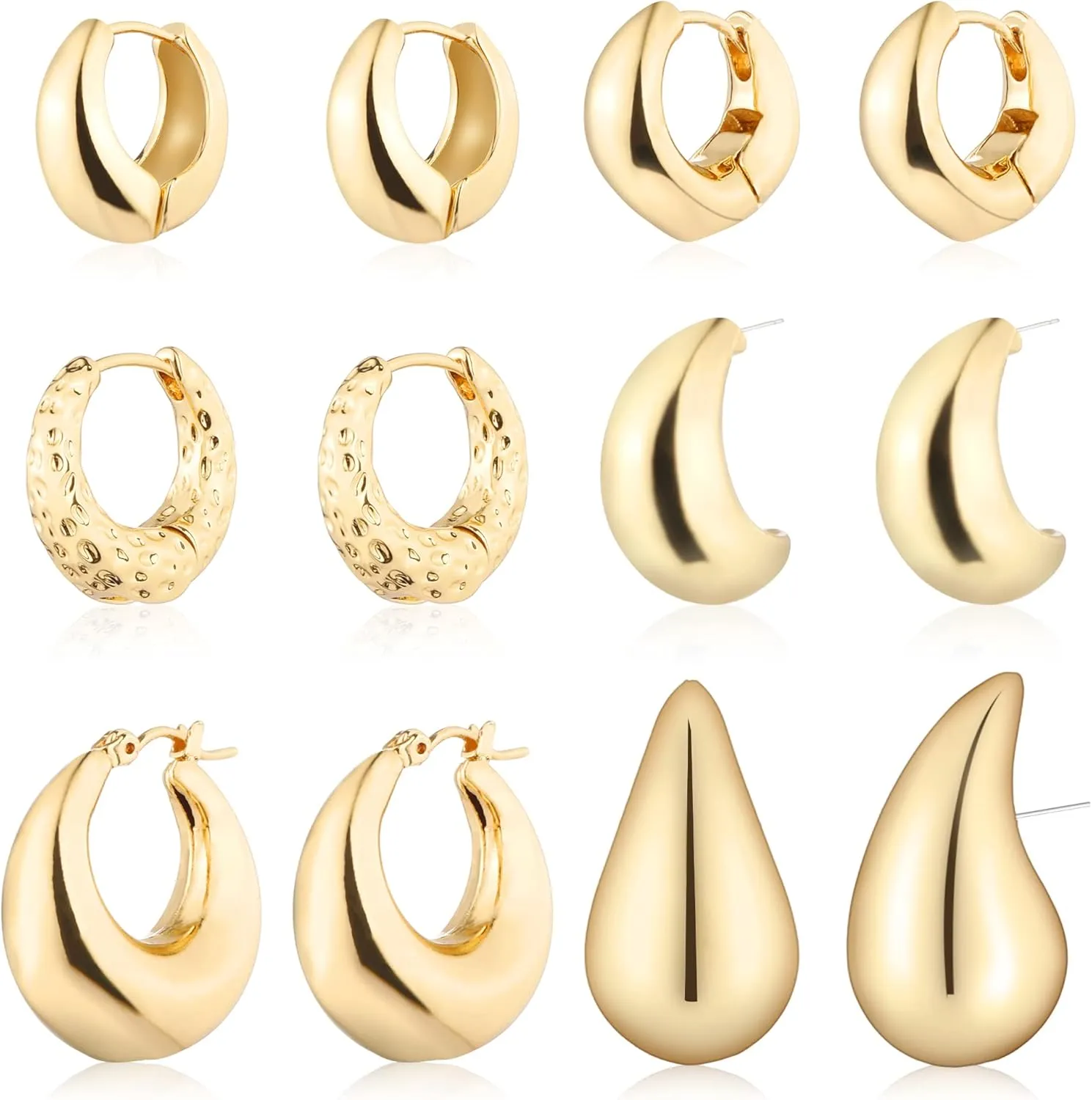 Wgoud 6 Pairs Gold Hoop Earrings Set for Women, 14K Gold Plated Hypoallergenic Lightweight Chunky Open Huggie Hoops Earrings Jewelry for Gift.
