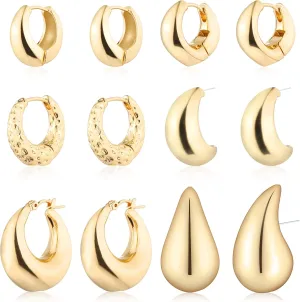 Wgoud 6 Pairs Gold Hoop Earrings Set for Women, 14K Gold Plated Hypoallergenic Lightweight Chunky Open Huggie Hoops Earrings Jewelry for Gift.