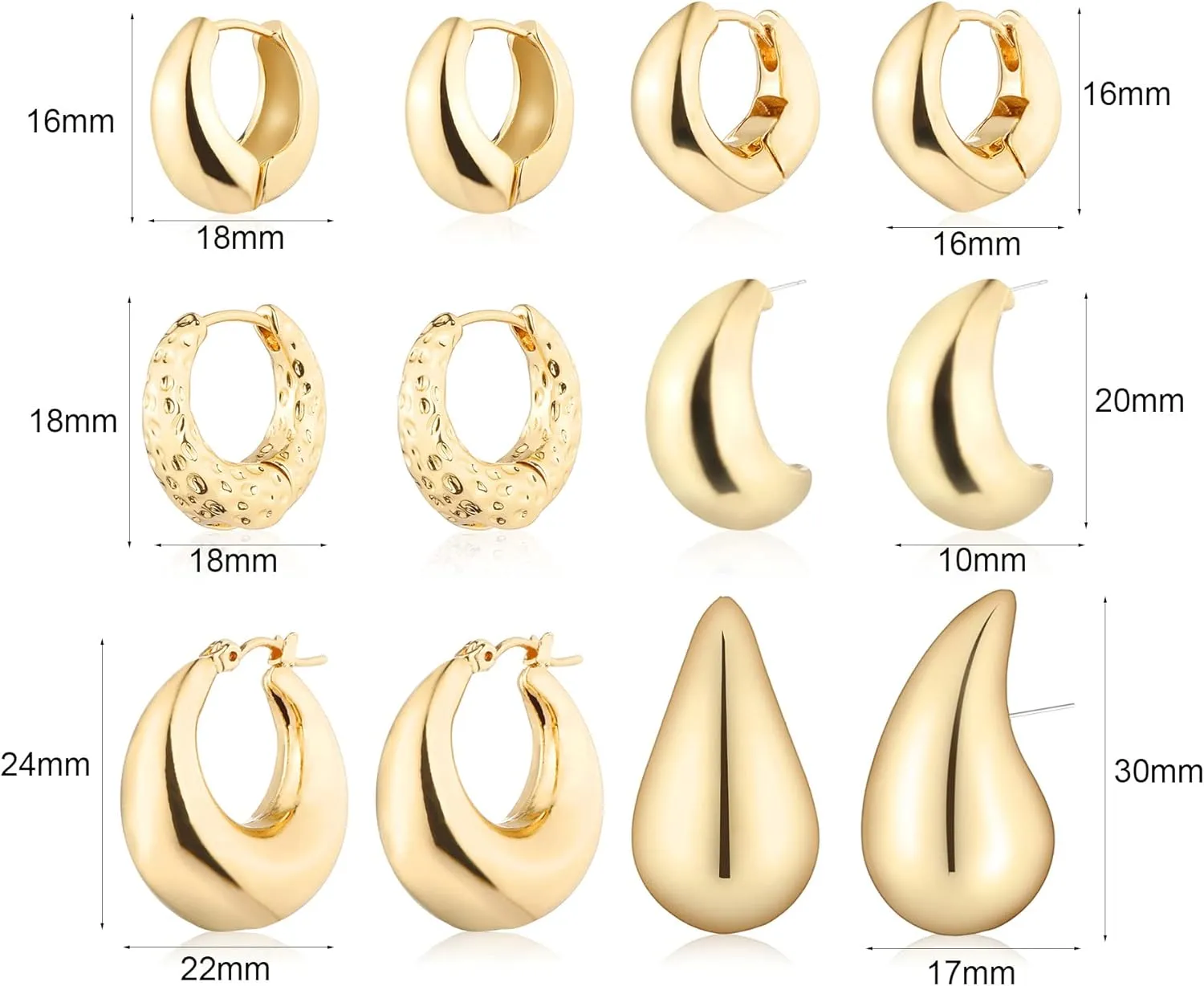 Wgoud 6 Pairs Gold Hoop Earrings Set for Women, 14K Gold Plated Hypoallergenic Lightweight Chunky Open Huggie Hoops Earrings Jewelry for Gift.